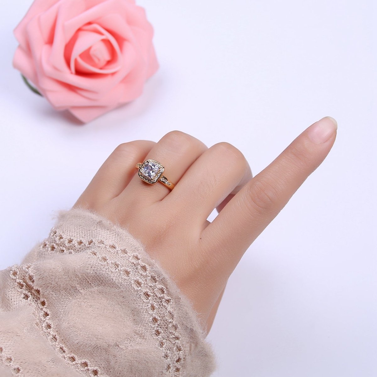 18K Gold Filled Crystal Zirconia CZ Solitaire Promise Ring, Adjustable Ring For Valentine U-336