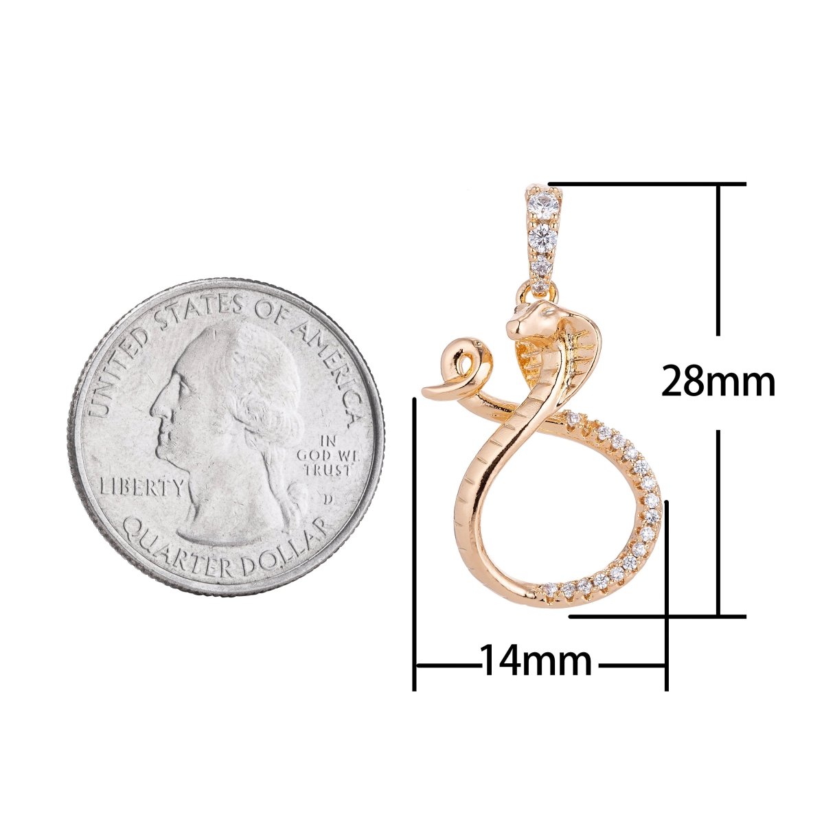 18k Gold Filled Dainty Charming Snake, Exotic Animal Lover, Cubic Zirconia cobra charm Necklace Pendant Bails Findings for Jewelry Making I-130