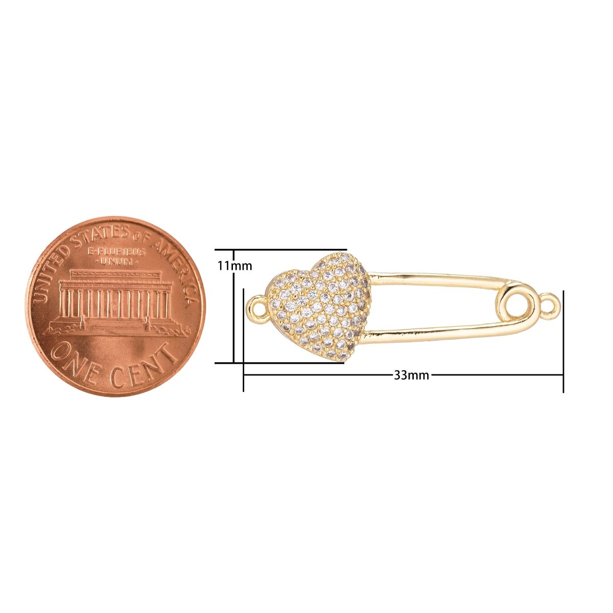 18K Gold Filled Dainty Delicate Safety Pin w/ Love Heart Cubic Zirconia Bracelet Charm Bead Finding Connector for Earring Jewelry Making F-092