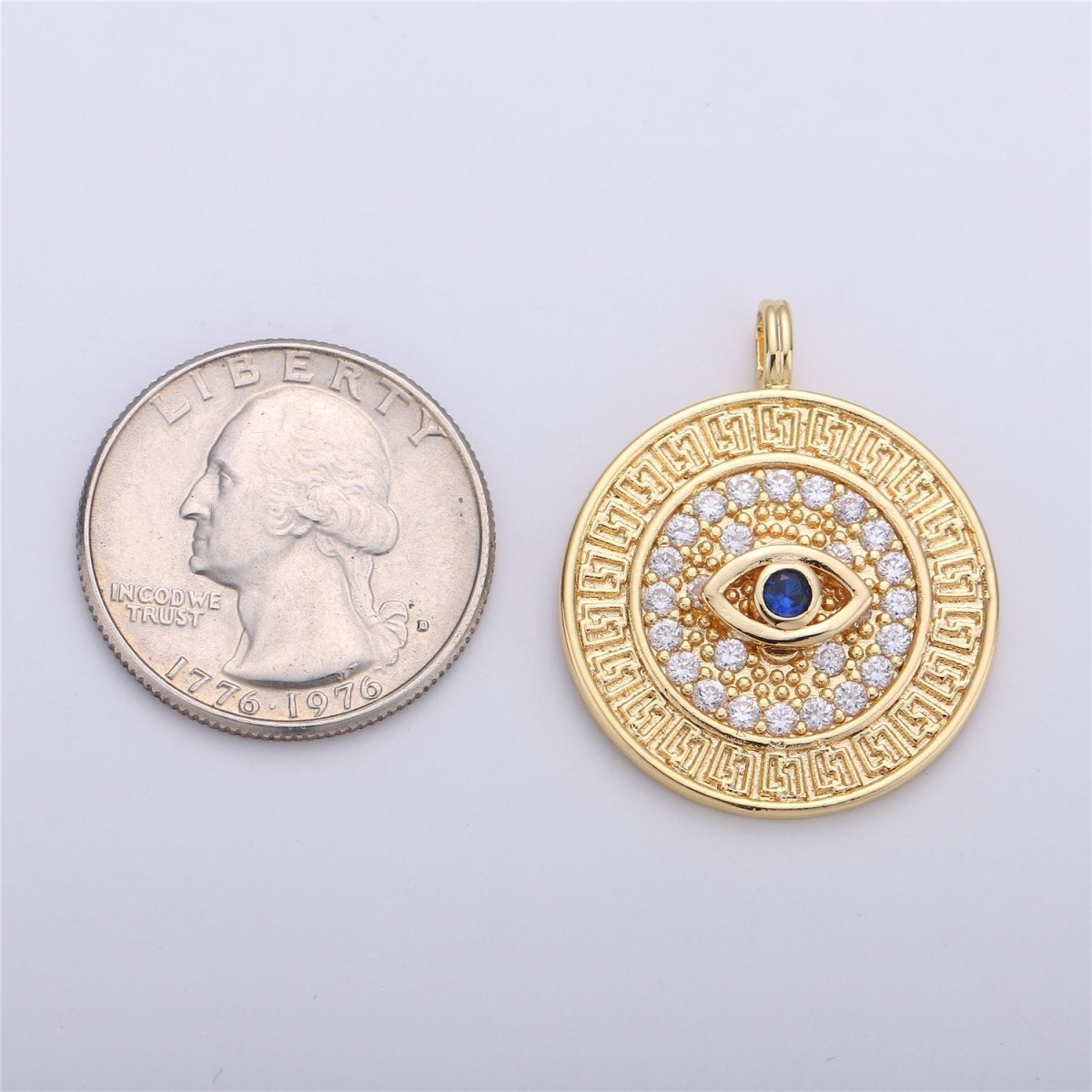18K Gold Filled Evil Eye Blue Micro Paved CZ Geometric Round Pendant | C652