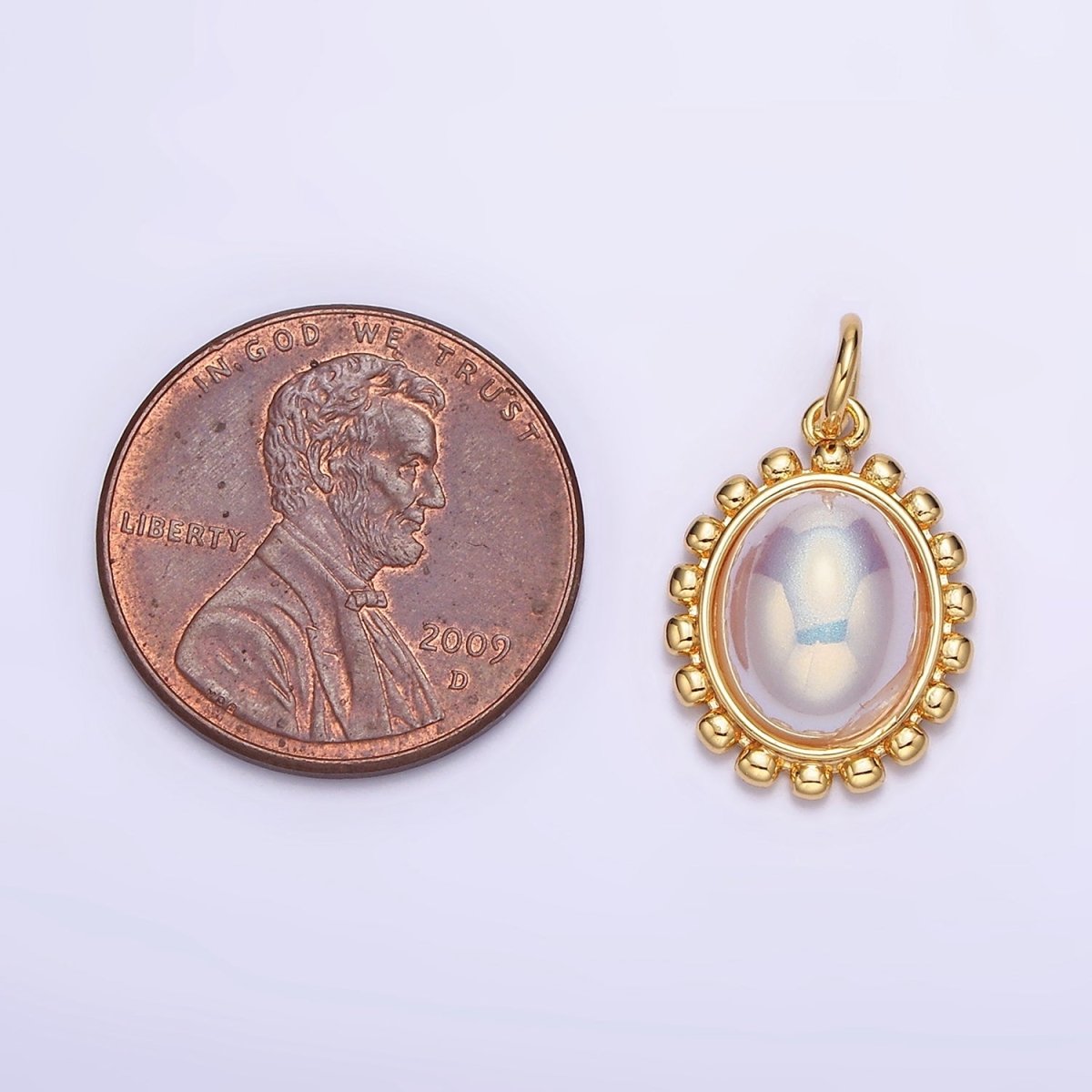18K Gold Filled Iridescent Pearl Oval Dotted Outline Charm in Gold & Silver | AC1441
