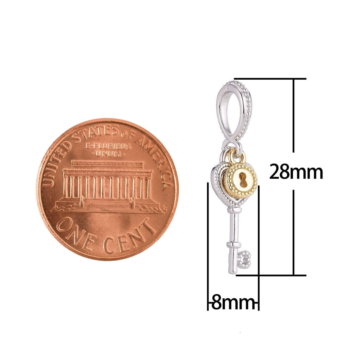 18K Gold Filled Lock And Key, Cubic Zirconia Necklace Pendant Charm Bails Findings for Jewelry Making H-193