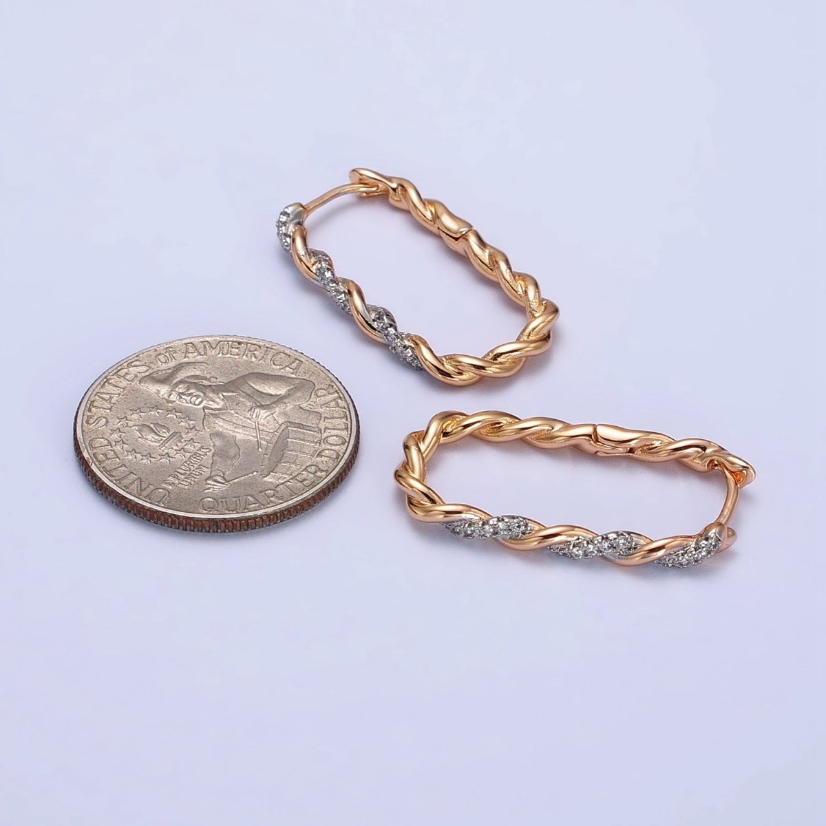 18K Gold Filled Micro Paved CZ Braided Twist Oblong Mixed Metal Hoops | AB262