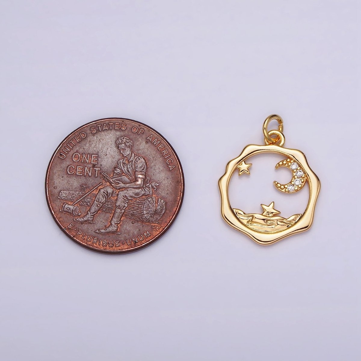 18K Gold Filled Micro Paved CZ Celestial Stars Crescent Moon Sea Open Wavy Round Charm | N1652