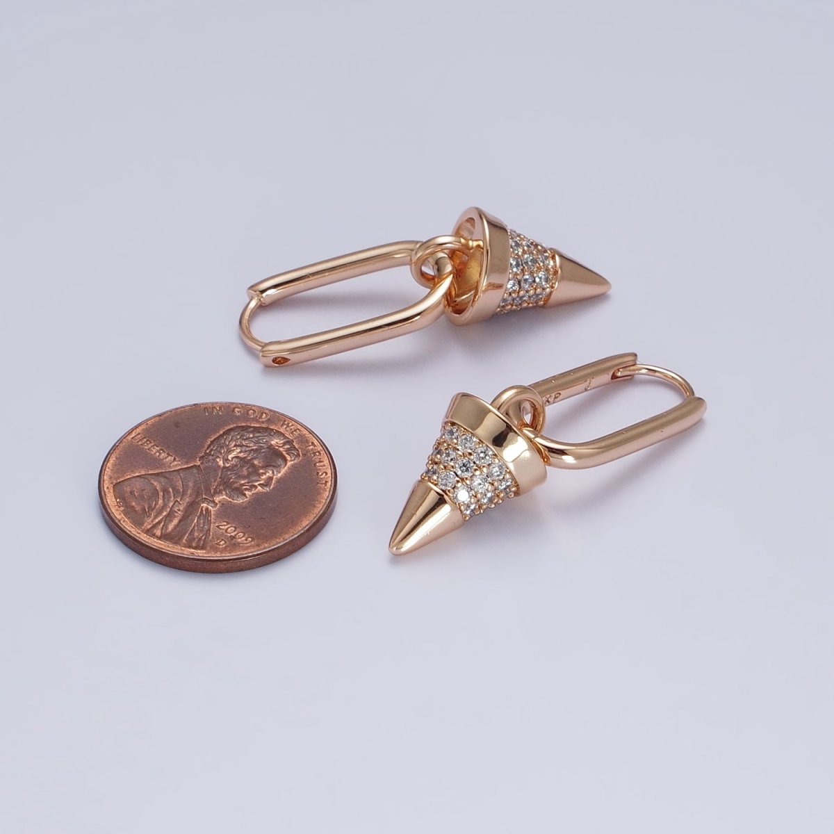 18K Gold Filled Micro Paved CZ Spiked Drop Dangle Oblong Huggie Earrings | AB158