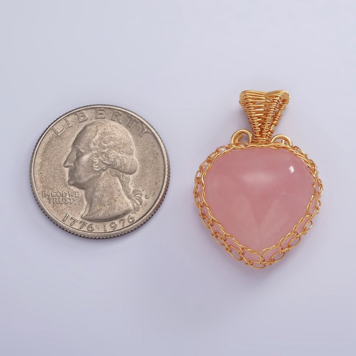 18K Gold Filled Natural Gemstone Pink Rose Quartz Strawberry Handmade Wire Wrapped Pendant | AA627