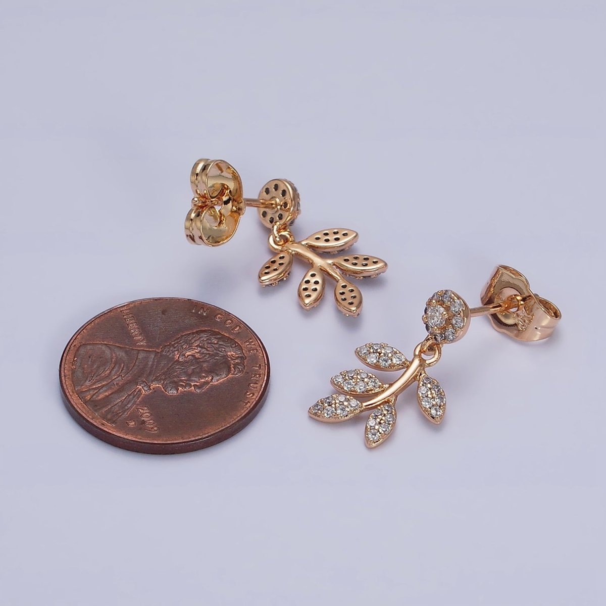 18K Gold Filled Olive Leaf Nature Drop Round Micro Paved CZ Stud Earrings | AD1449