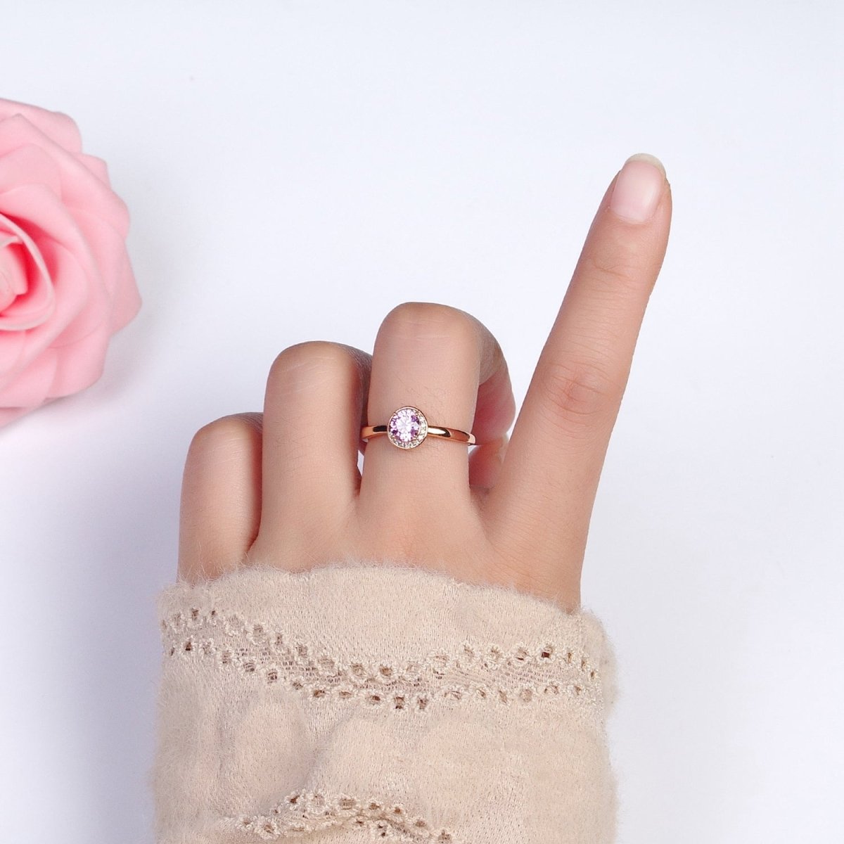 18K Gold Filled Pink Round Clear Micro Paved CZ Adjustable Ring | R-112
