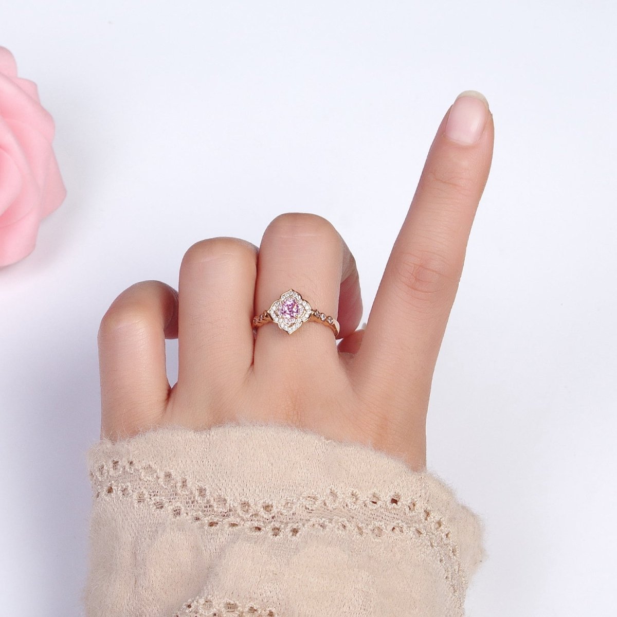 18K Gold Filled Pink Square Clear Micro Paved Quatrefoil Round CZ Adjustable Ring | R-068
