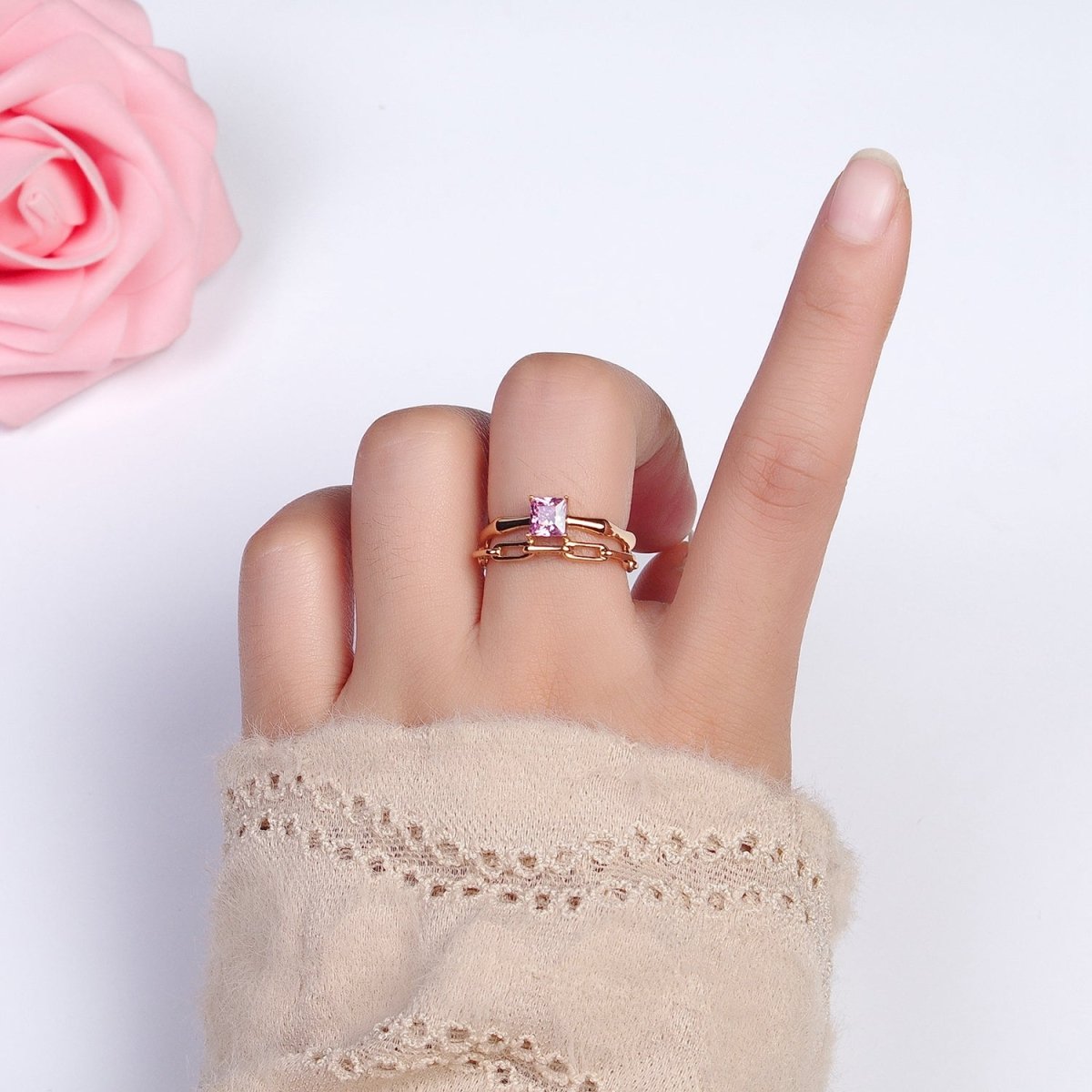 18K Gold Filled Pink Square CZ Bamboo Paperclip Chain Double Band Ring | R-128