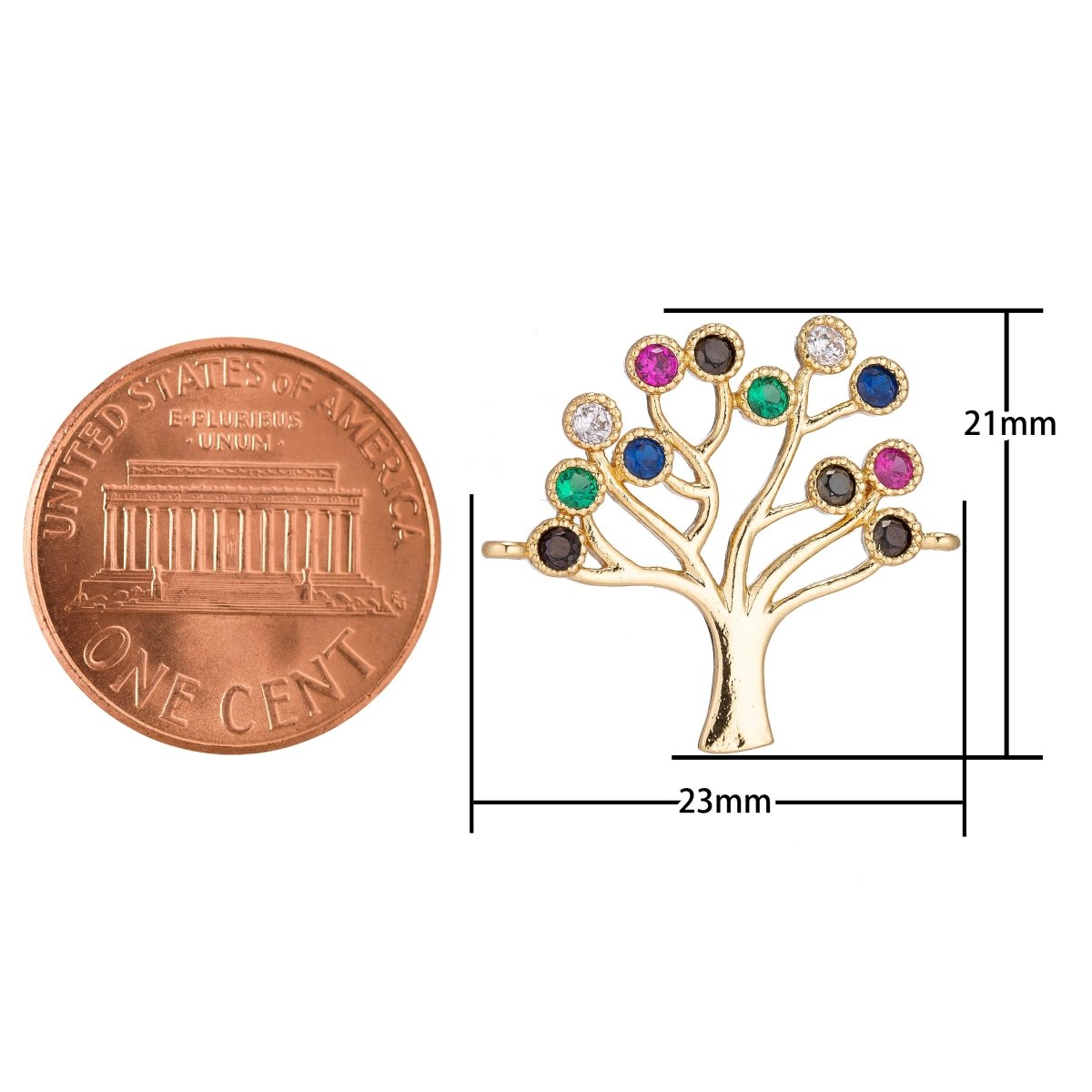 18K Gold Filled Tree of Life w/ Twelve Birthstones Cubic Zirconia Bracelet Charm Bead Finding Connector for Earring Jewelry Making F-088
