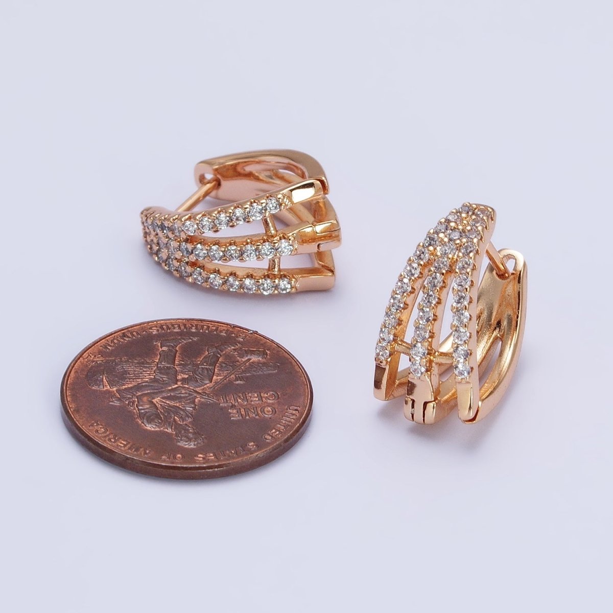 18K Gold Filled Triple Bar Micro Paved CZ Clawed English Lock Earrings | AB295