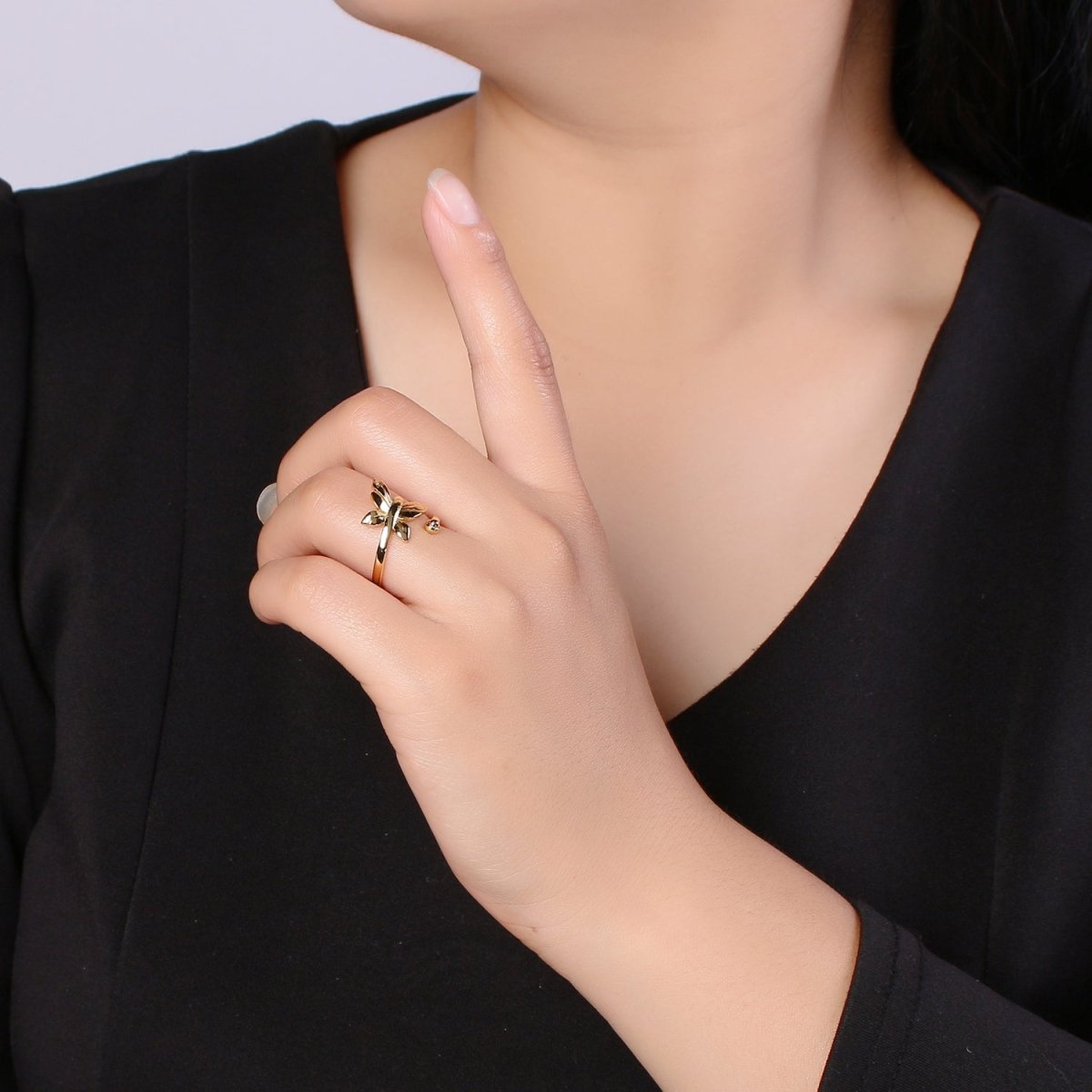 1pc Flying Butterfly 24K Ring, Adjustable Gold Curb Ring, Simple Mariposa Ring, Garden lover Ring, Bow Ring R530