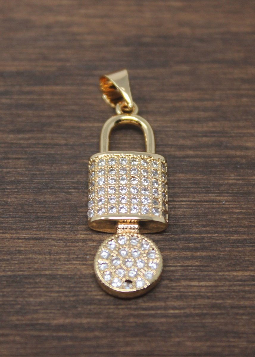 1pc Gold Key and Padlock, Lock, Love Lock, Key to Heart, DIY Cubic Zirconia Necklace Pendant Charm Bead Bails Findings for Jewelry Making, PDGF-956/I-20
