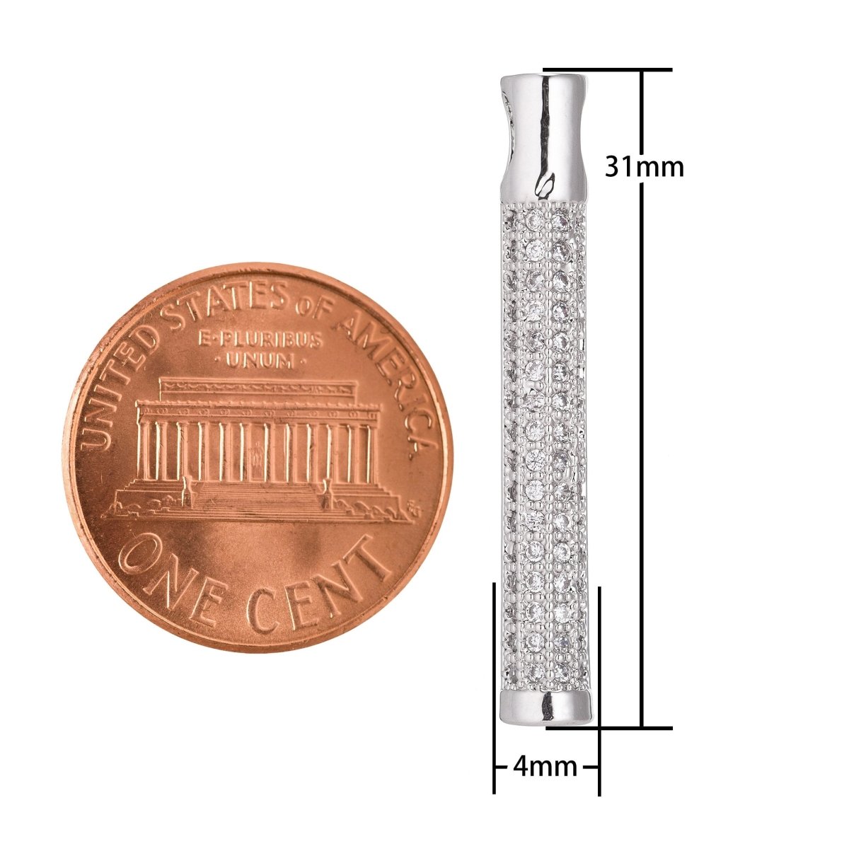 1pc Rhodium White Gold Baton Charm, Cubic Zirconia Necklace Pendant Micro Pave Charm Findings for Jewelry Making
