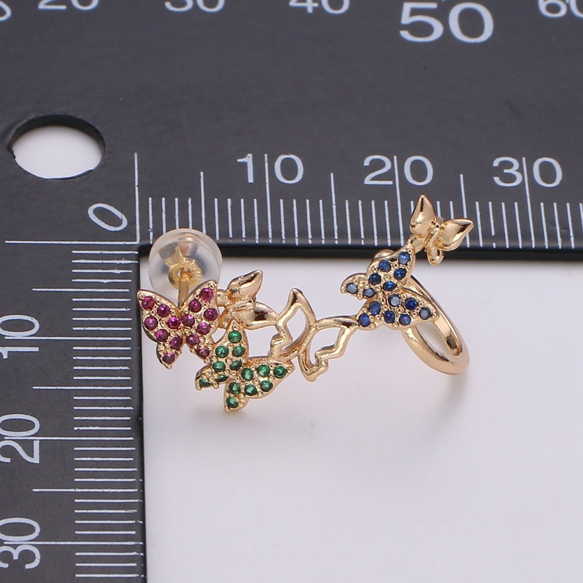 1x Butterfly earrings, Gold butterfly stud earrings, ear climbers, Colorful Rainbow earrings, butterfly ear climbers, vine ear climbers AI-141