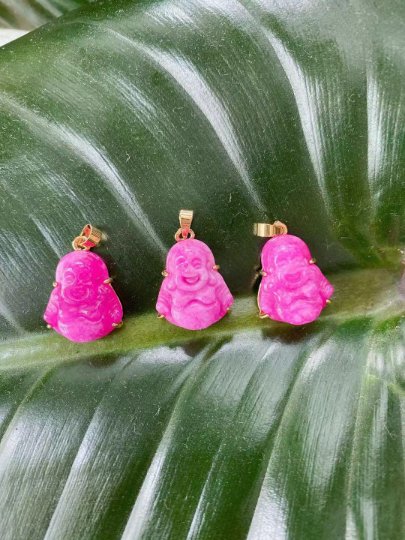 1x Dainty Pink Laughing Buddha, Gemstone Buddhism Deity Religious Bracelet Charm Bead Finding Pendant For Jewelry Making AH-302