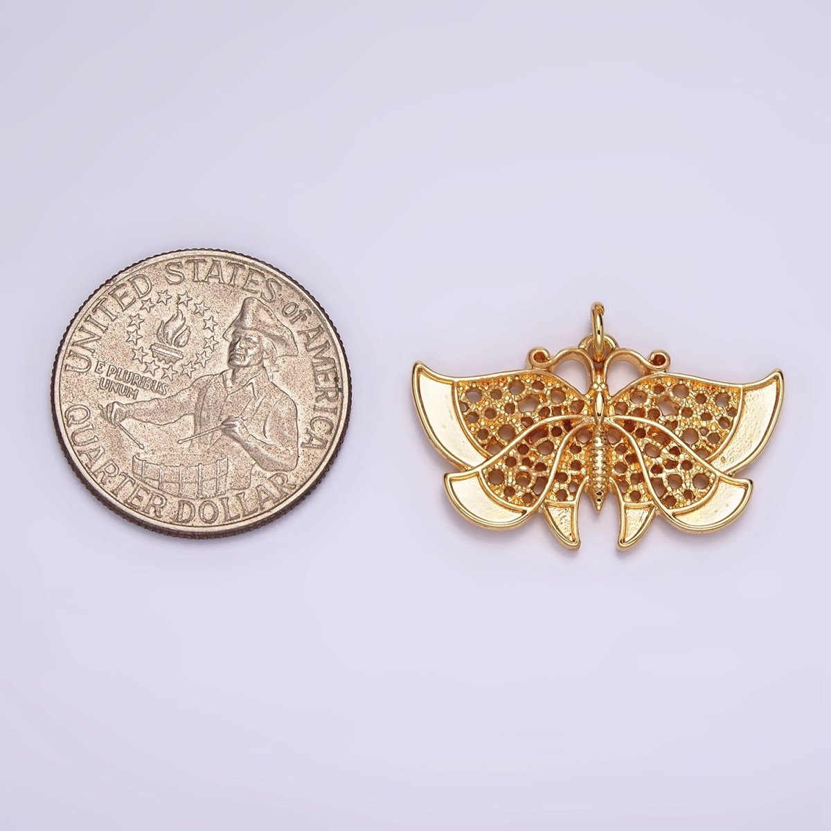 24K Gold Filled 20mm Antenna Butterfly Open Round Dotted Wings Insect Animal Charm | AC863