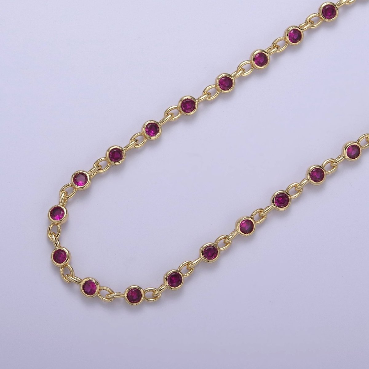 24K Gold Filled 2mm Fuchsia Round Cut Bezel Chain by Yard, Station Necklace CZ Diamond by Foot for Necklace Bracelet Jewelry Making | ROLL-775 Clearance Pricing