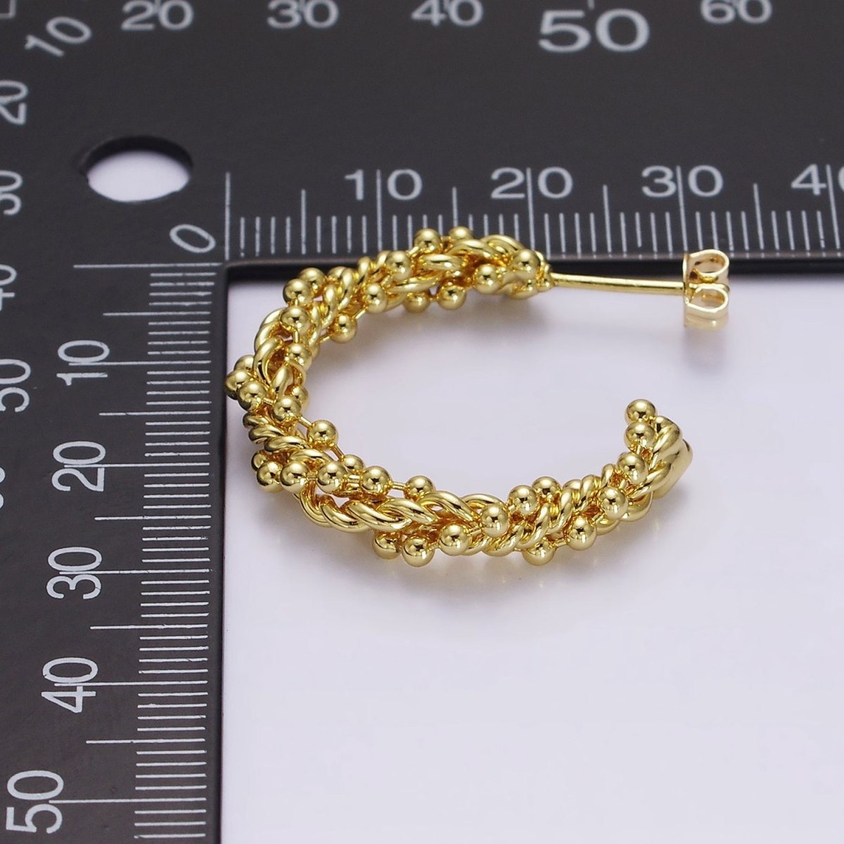 24K Gold Filled 30mm Beaded Bubble Croissant Twist C-Shaped Hoop Earrings | AE616