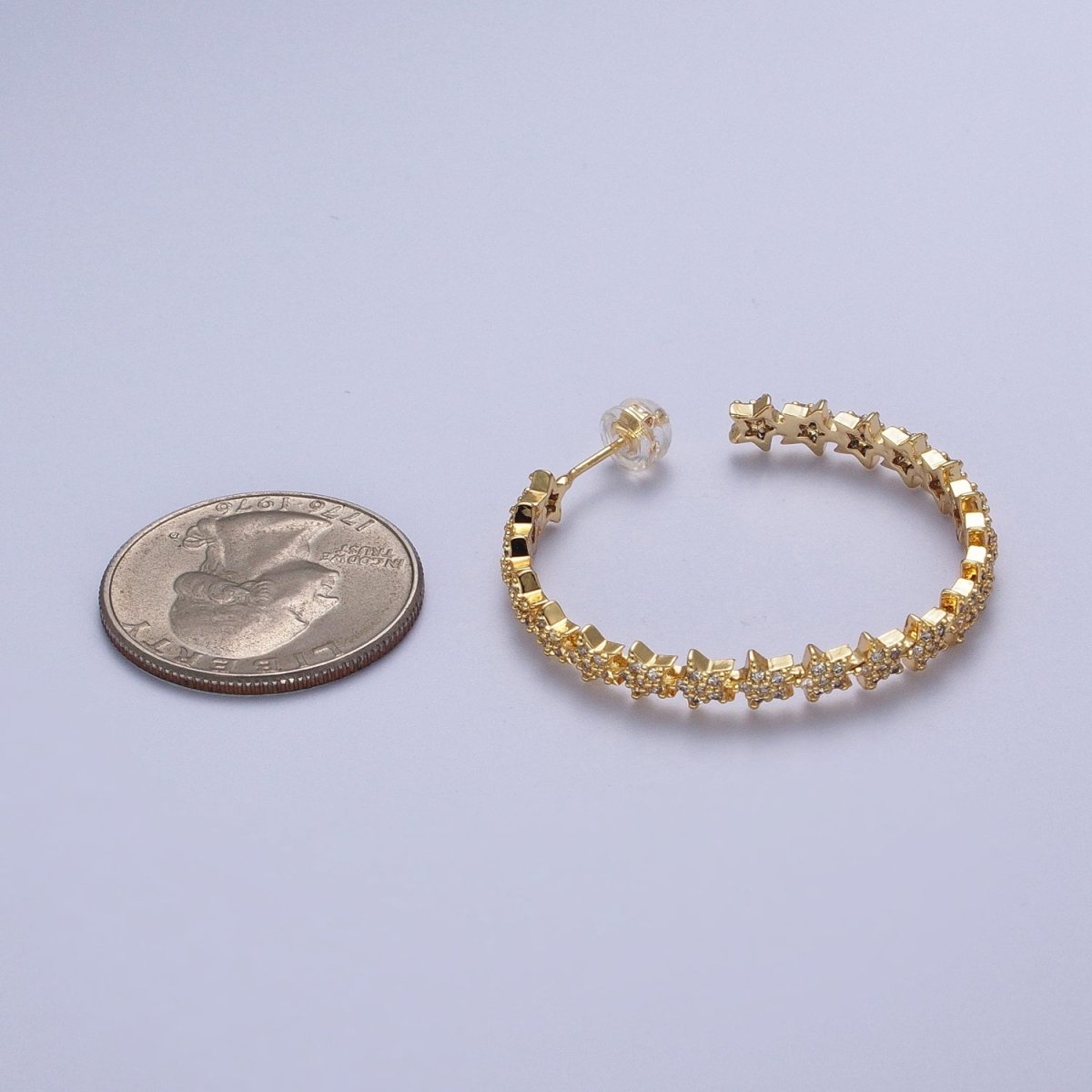 24K Gold Filled 35mm Micro Paved CZ Celestial Star Lined C Shaped Hoops Stud Earrings in Gold & Silver | AE1089 AE1090