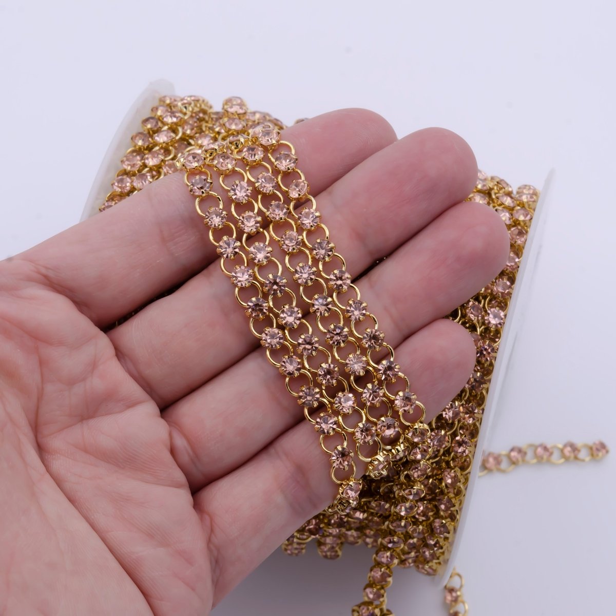 24K Gold Plated 5.2mm Designed Rolo Pink Cubic Zirconia Unfinished Chain For Jewelry Necklace Making | ROLL-864 Clearance Pricing