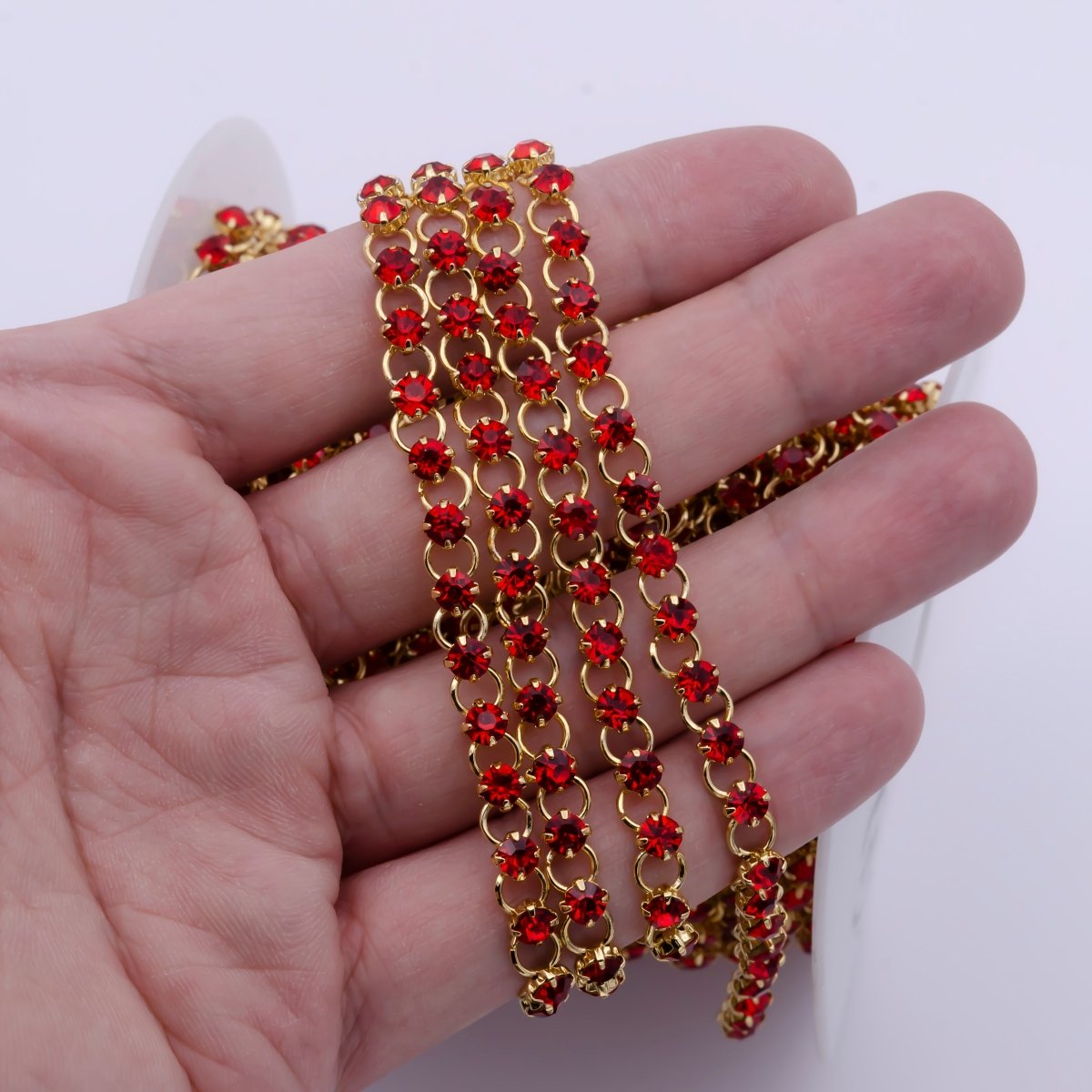 24K Gold Plated 5.2mm Designed Rolo Ruby Red Cubic Zirconia Unfinished Chain For Jewelry Necklace Making | ROLL-866 Clearance Pricing