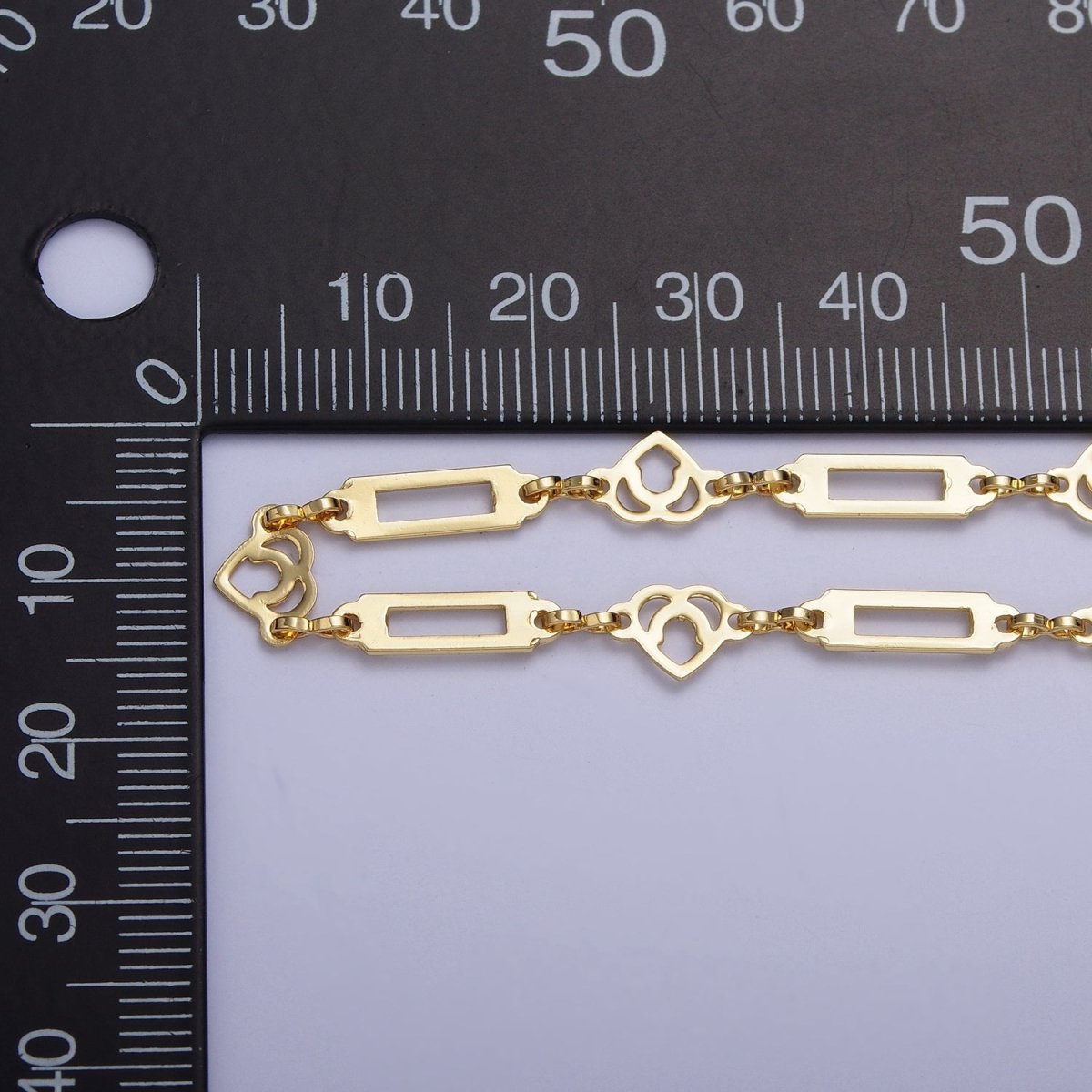 24K Gold Filled 6mm Designed Heart Open Bar Connector Bulk Unfinished Chain by Yard | ROLL-849 Clearance Pricing