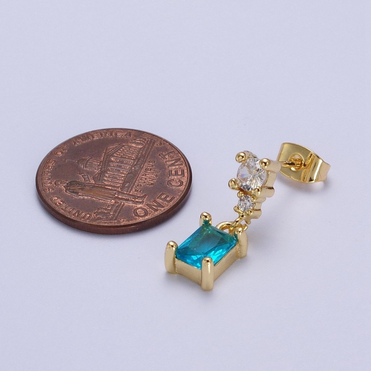 24K Gold Filled Aqua Blue Baguette Cubic Zirconia Dangle Drop Stud Earrings | AD-119