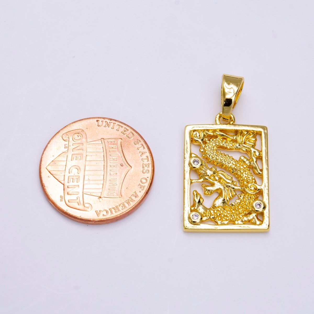 24K Gold Filled Asian Dragon Triple Clear CZ Open Rectangular Framed Tag Pendant | AA778
