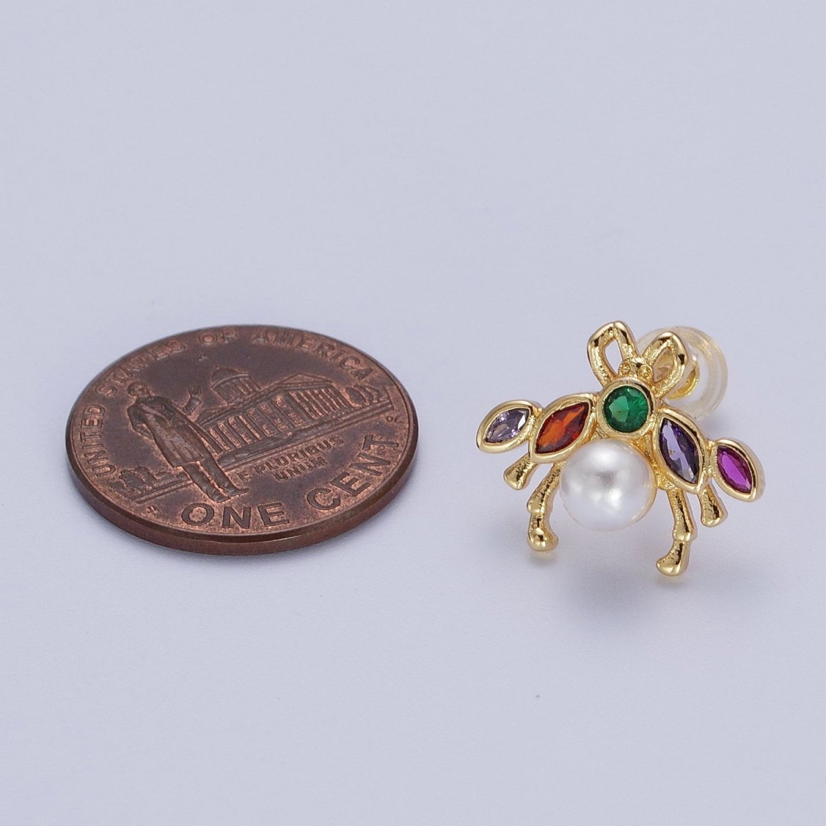 24K Gold Filled Bee Insect Multicolor CZ Marquise Round White Pearl Stud Earrings | AD-230
