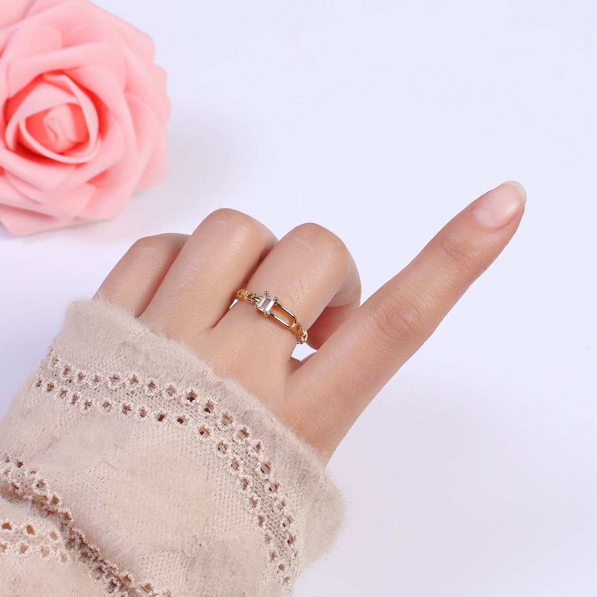 24K Gold Filled Belt Buckle Ring in Gold & Silver, Minimalist Cable Link Chain Ring with CZ Crystal Cubic Zirconia S-341 S-342