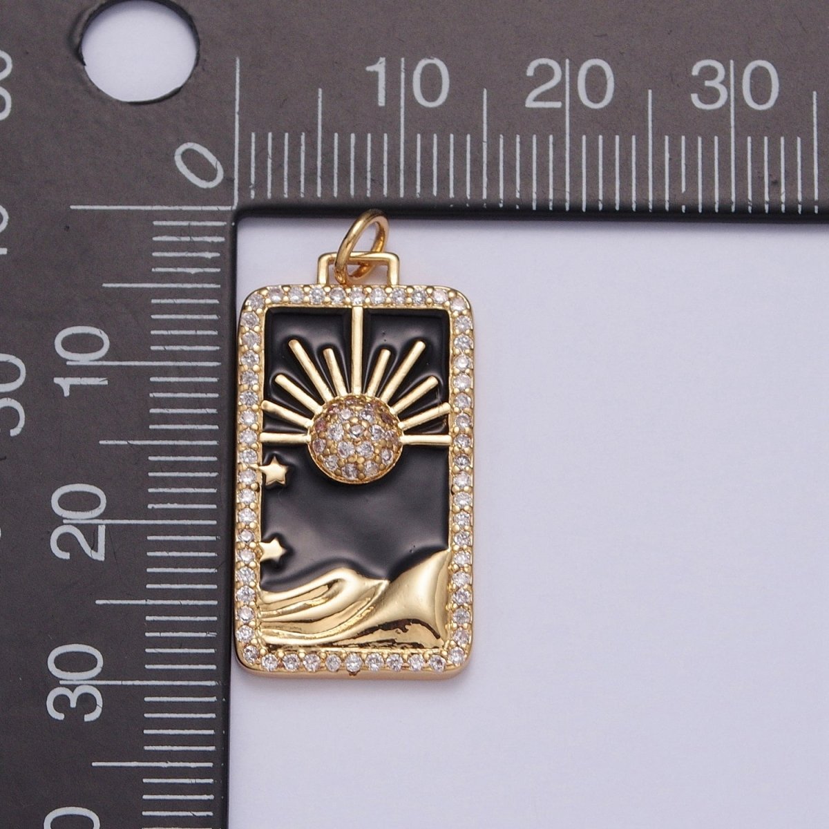 24K Gold Filled Black Enamel Tarot Card Charm, Micro Pave Celestial Eclipse Mountain Tag Charm Pendant | X-807