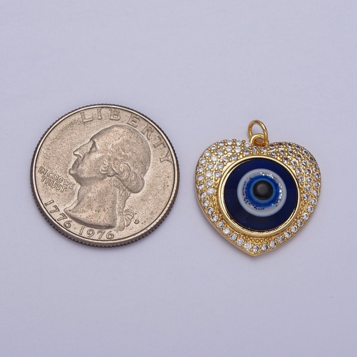 24K Gold Filled Blue Evil Eye Micro Paved Heart Charm | C-896