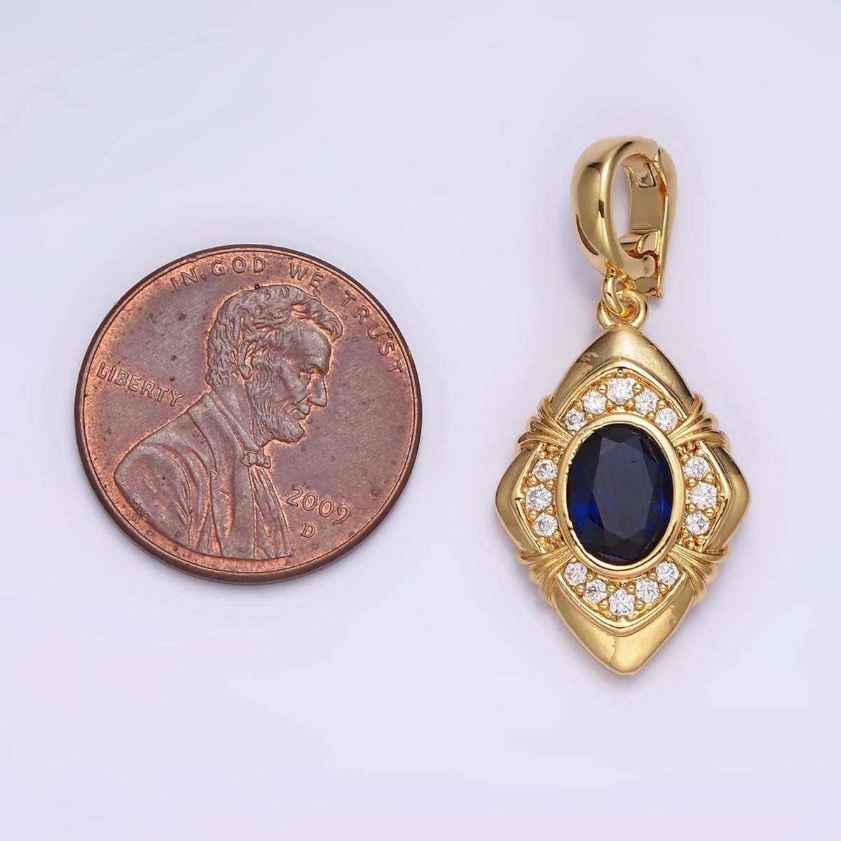 24K Gold Filled Blue Oval CZ Micro Paved CZ Tied Rhombus Interchangeable Snap Bail Pendant | AA568