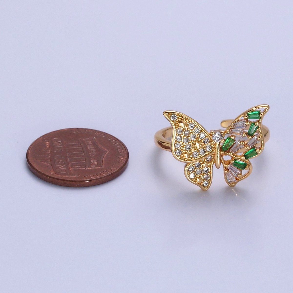 24K Gold Filled Butterfly Cubic Zirconia Ring, Half Micro Pave Half Baguette Mariposa Wings Ring O-2292