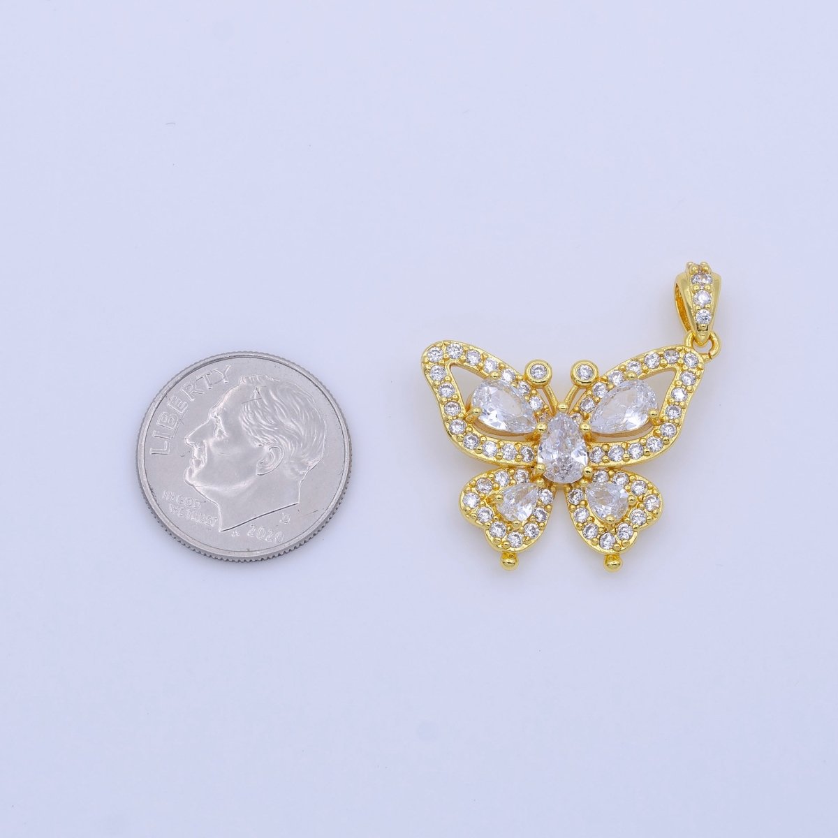 24K Gold Filled Butterfly Mariposa Wings Micro Paced Teardrop CZ Pendant | AA756