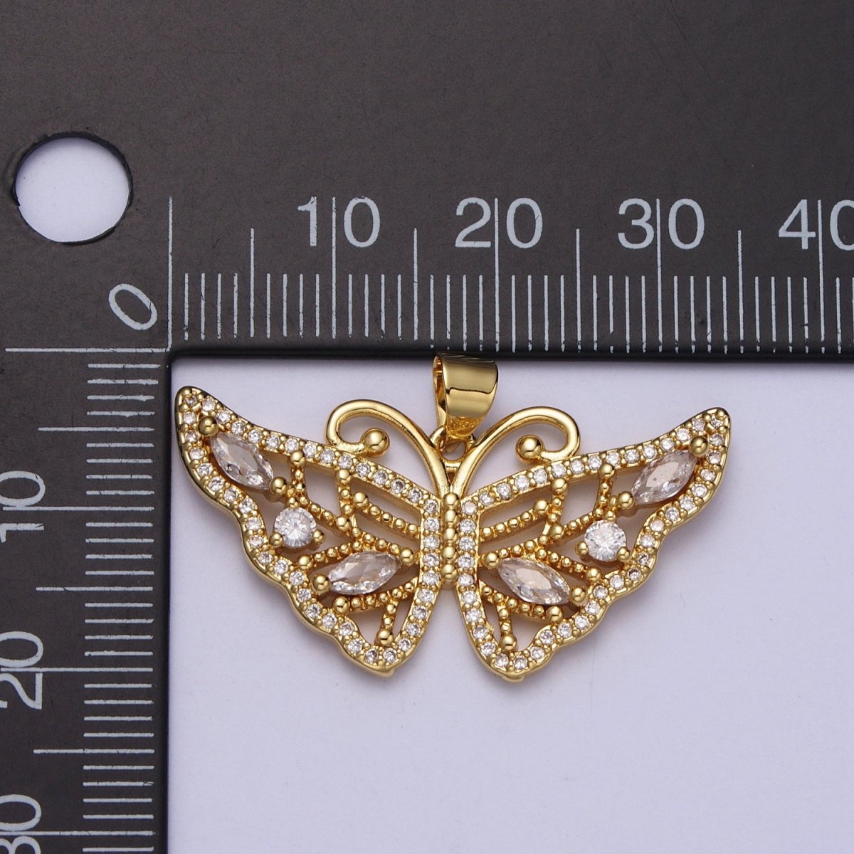 24K Gold Filled Butterfly Wings Beaded Marquise Micro Paved CZ Pendant H-401