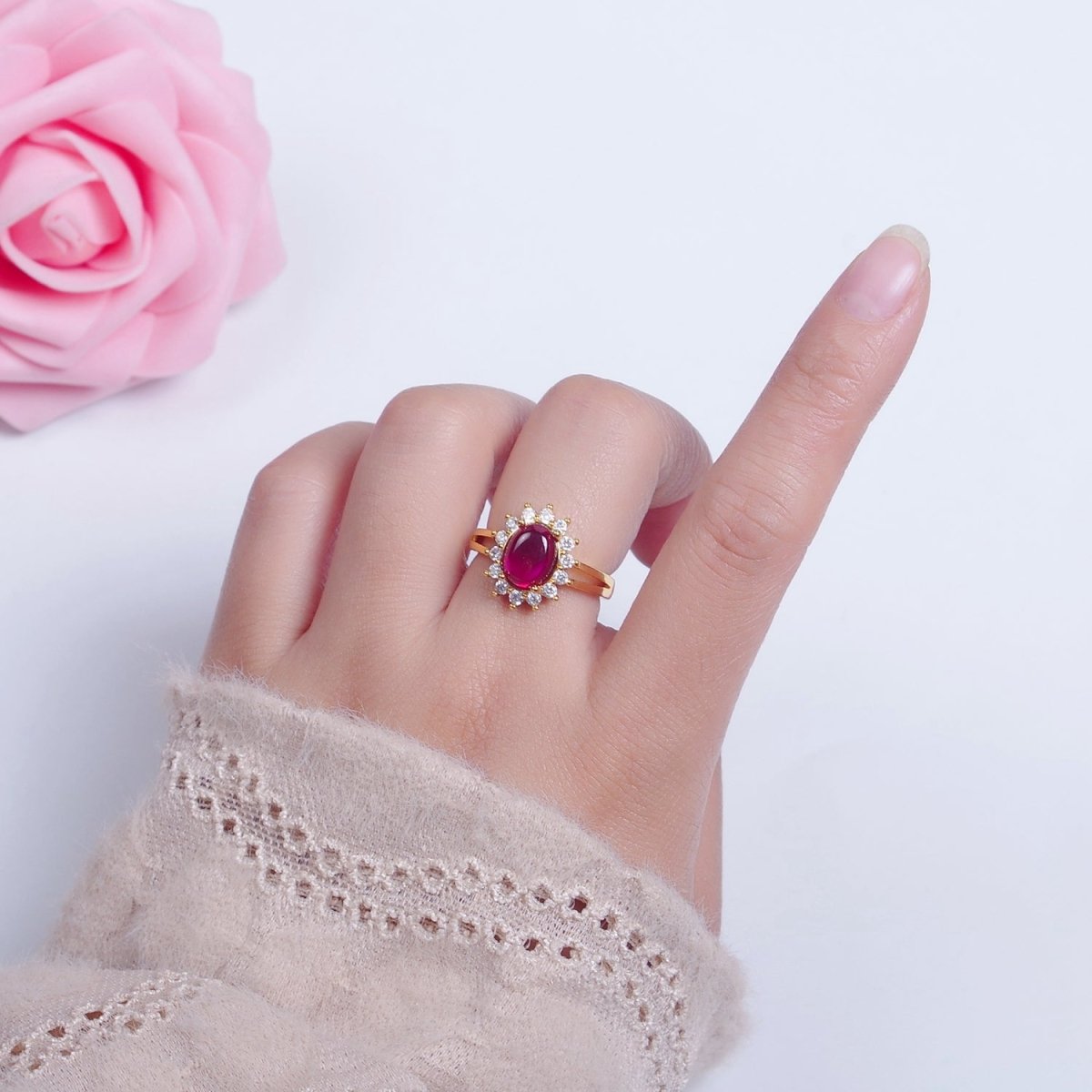 24K Gold Filled Celestial Sun Ring with Oval Fuchsia Jade Stone O-769
