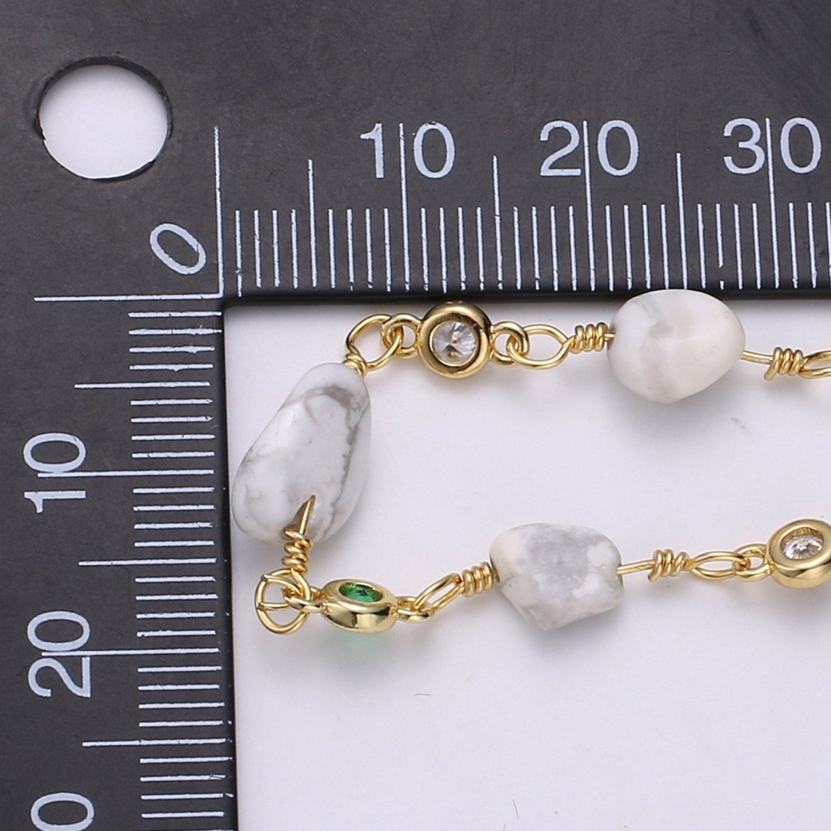 24K Gold Filled Chain by Yard, White Howlite Stone Micro Pave Cubic Round Charm Chain, Semiprecious Opaque Stone Howlite Chain | ROLL-336 Clearance Pricing