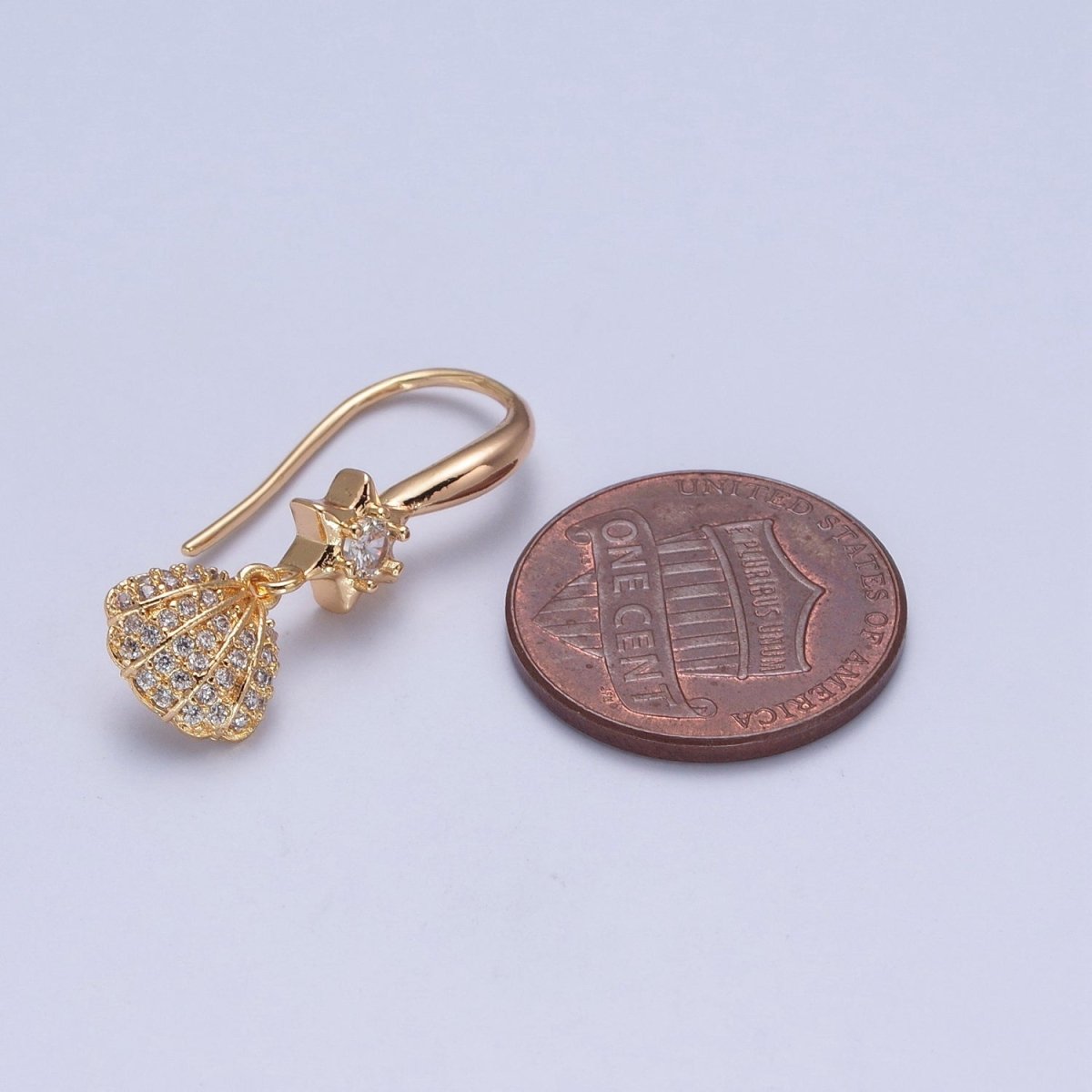 24K Gold Filled Clear Micro Pave Seashell Clam Charm Dangle Star Cubic Zirconia French Hook Earrings P-404