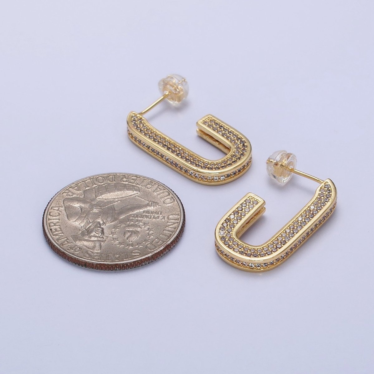 24K Gold Filled Clear Micro Paved CZ 24.5mm J-Shaped Hoop Earrings in Gold & Silver | AB532 AB533