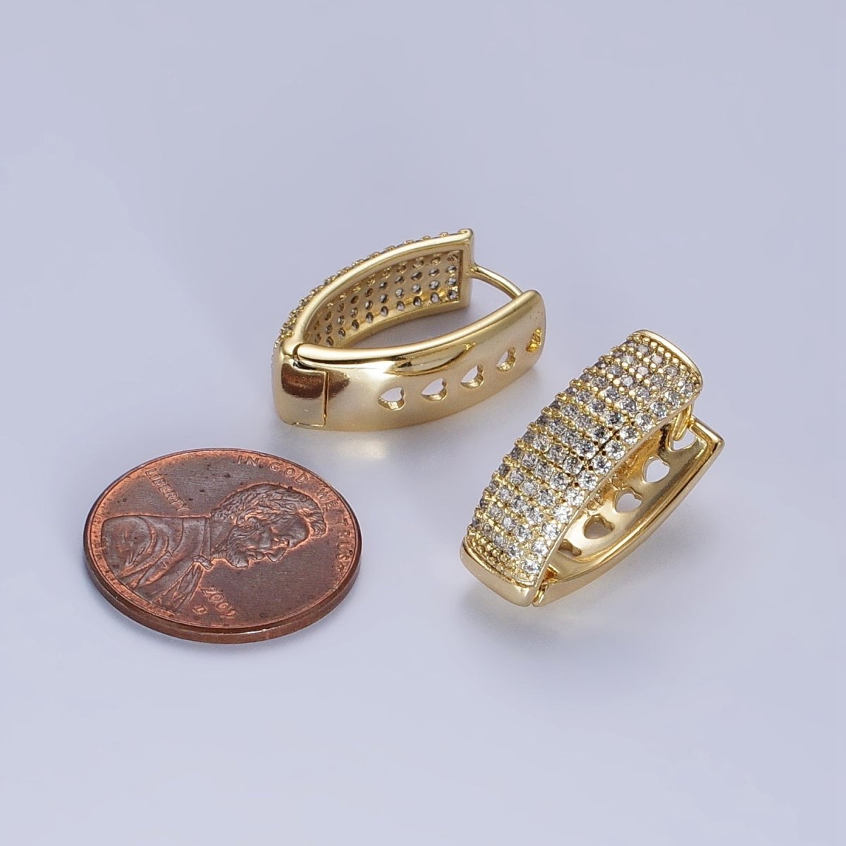 24K Gold Filled Clear Micro Paved Heart Lined English Lock Earrings | AB310
