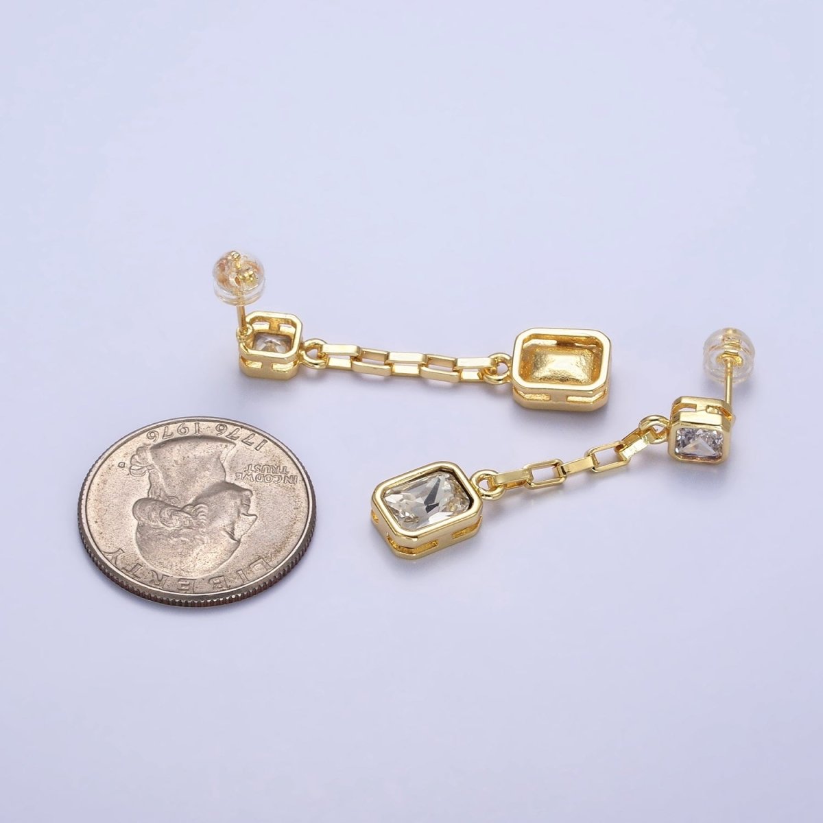 24K Gold Filled Clear, Multicolor Baguette CZ Drop Dangle Stud Earrings in Gold & Silver | AB615 - AB618