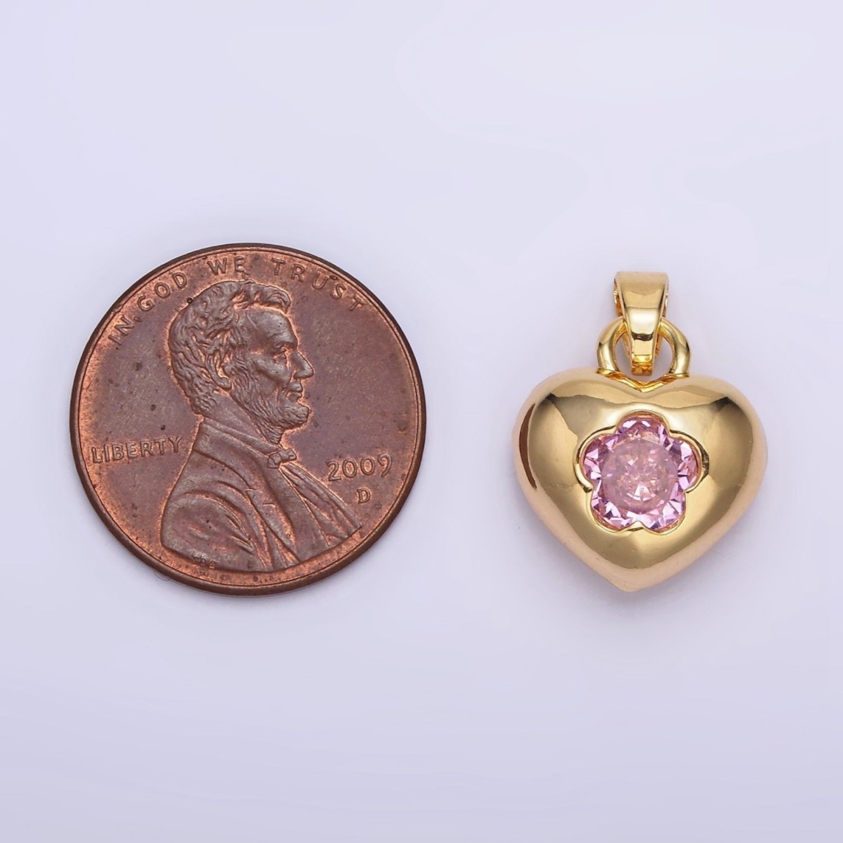 24K Gold Filled Clear, Pink Flower CZ Open Heart Pendant | AA590 AA591