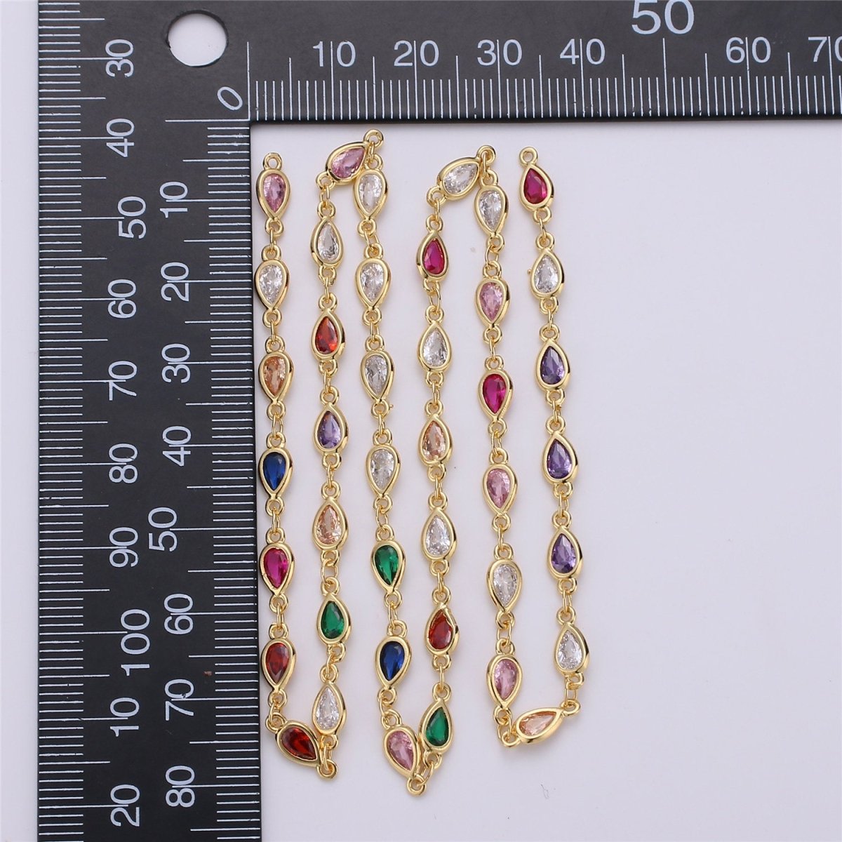 24K Gold Filled Colorful Cubic Zircon Chains, Tear Drop Bezel Chains Silver 1 Yard 6x4mm CZ Connectors Links for Rosary Necklace Supply, White Gold Filled, DESIGNED Chain | ROLL-115 ROLL-116 Clearance Pricing