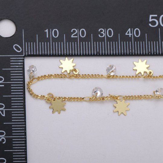24K Gold Filled Curb Chain by Yard, Polaris Star CZ Charm Specialty Link Chain by Yard, Unfinished Designed Curb Chain For Jewelry Making | ROLL-324 Clearance Pricing