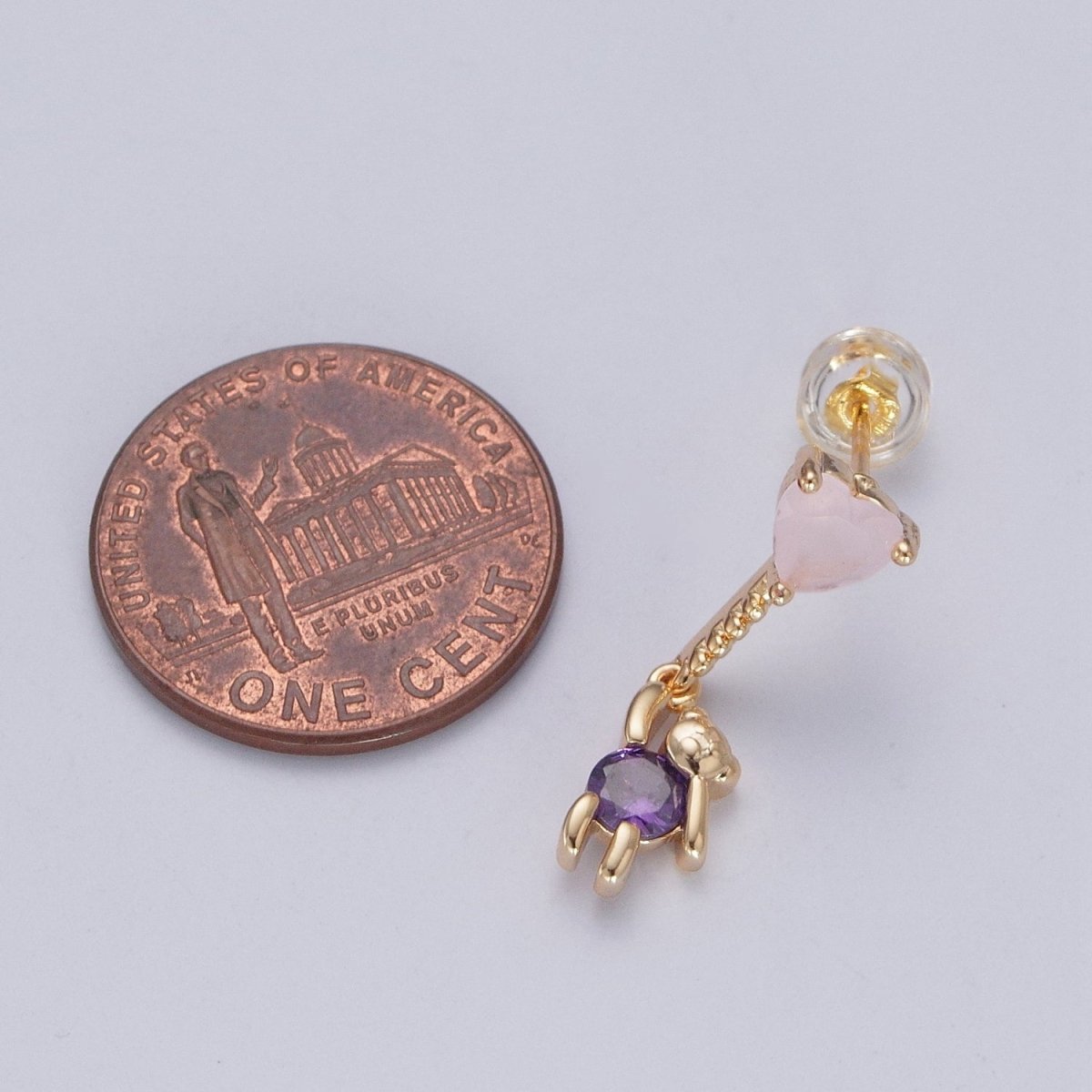 24K Gold Filled Cute CZ Pink Heart Studs with Tiny Bear Purple Cubic Zirconia Charm Dangle Earrings, P-323