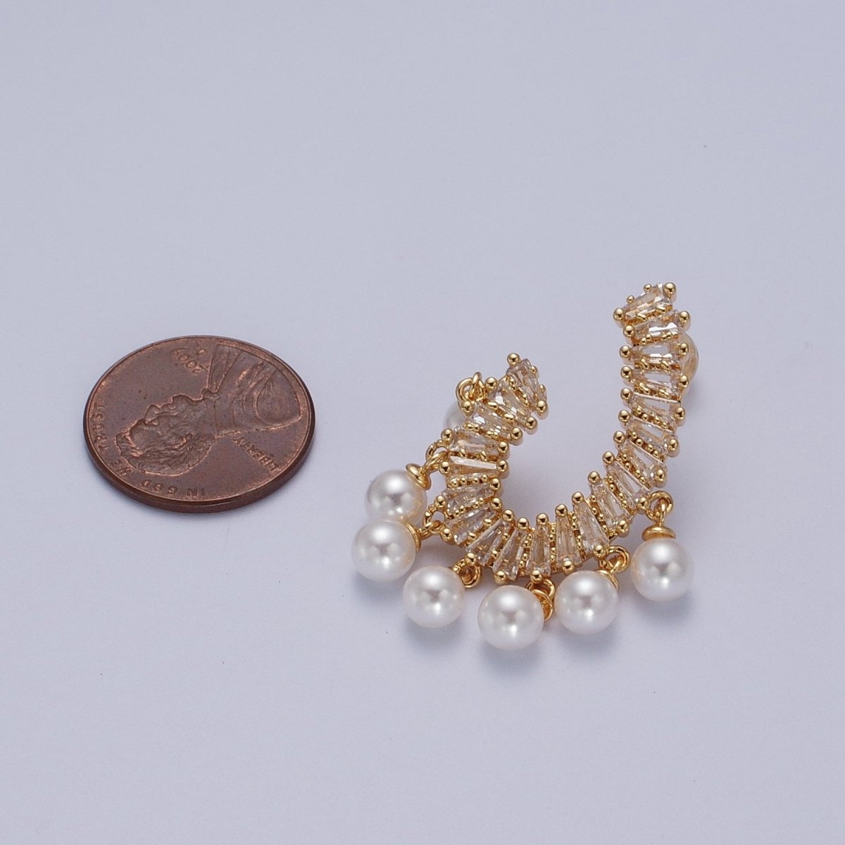 24K Gold Filled CZ Baguette Front Curve w. Pearl Dangle Stud Earrings in Gold & Silver | AD-277 AD-278