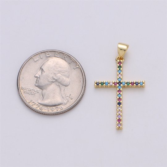 24K Gold Filled Dainty Cross Pendant with Turquoise and Micro Pave Multi Color Rainbow Cubic Zirconia CZ Stone for Necklace or Earrings I-585